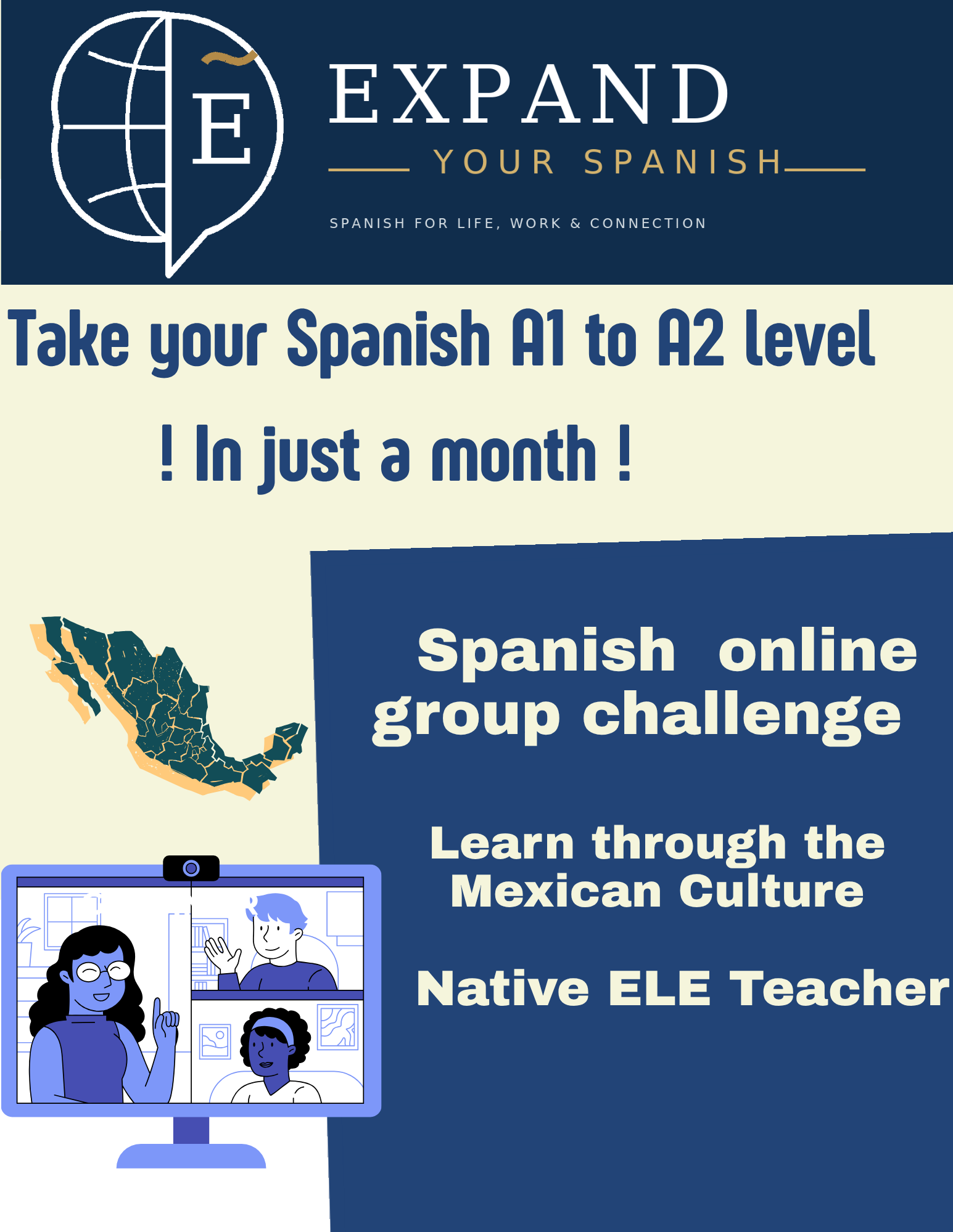 Flyer: take your Spanish from A1 to A2 level in just a month. Online group challenge, learn through the Mexican culture, native ELE teacher.